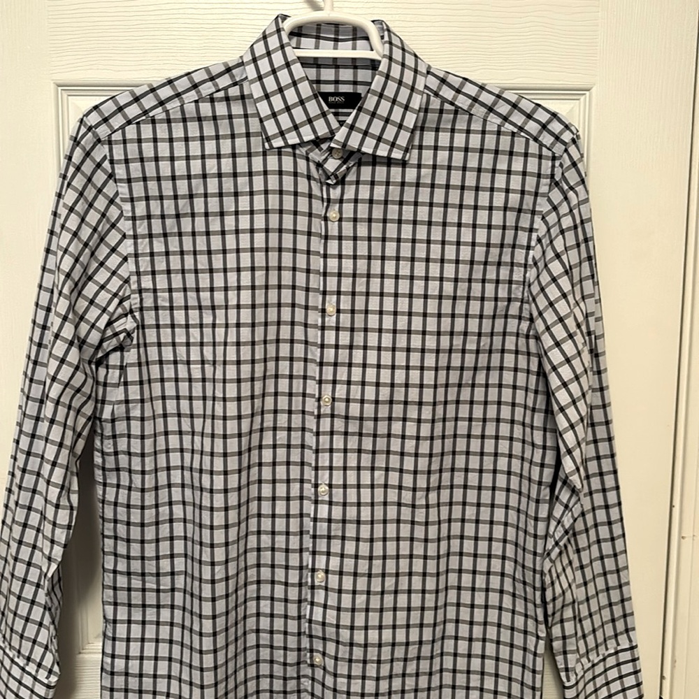 Hugo Boss Sharp Fit Button Up Shirt Size 16.5 Gray Plaid